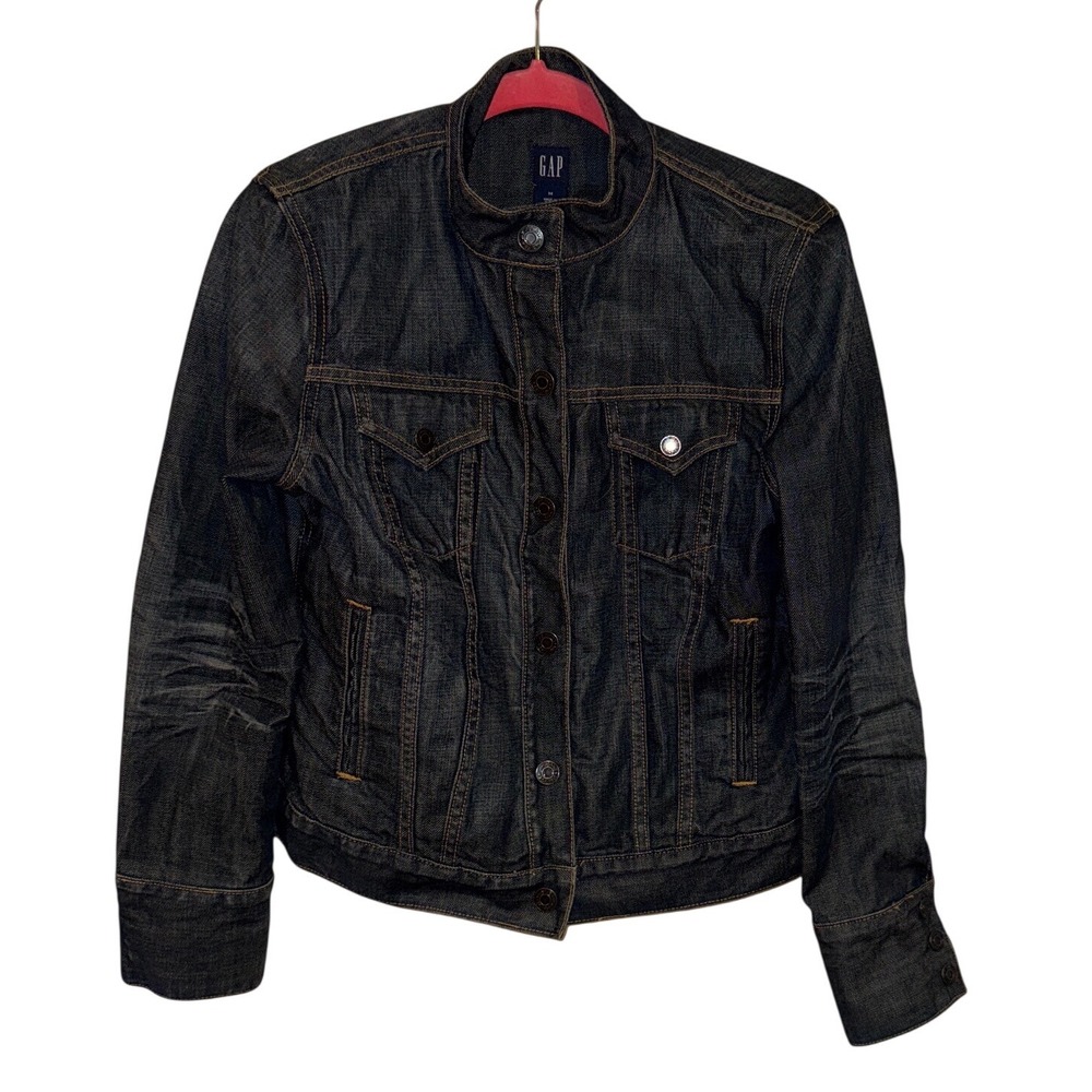 Vtg Gap Womans 2003 Blue Dark Wash Medium Denim Y2K Jacket Mandarin Collar Snaps